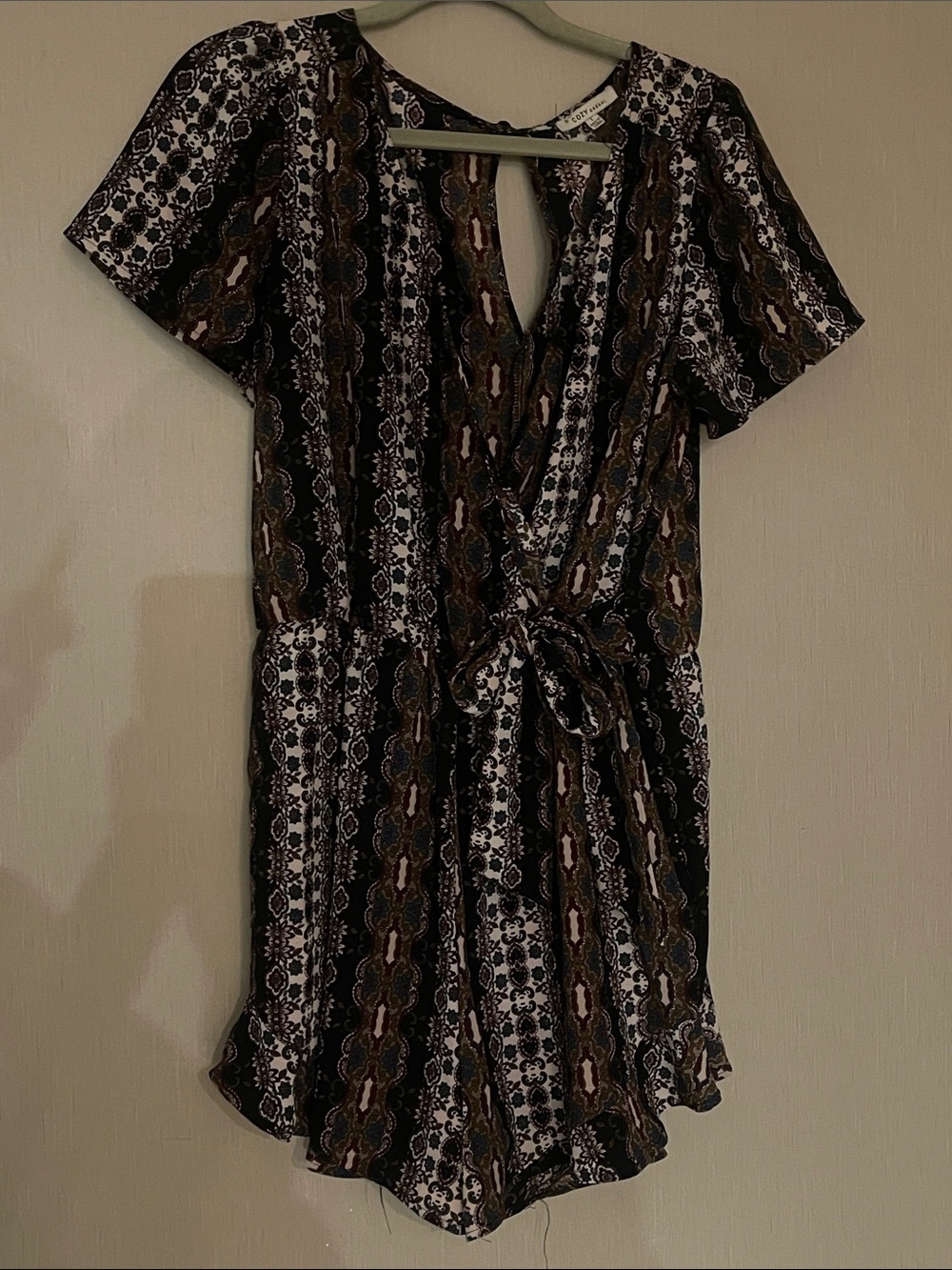 Cozy casual large Women's dark Patterned Short-Sleeve Wrap romper boho
